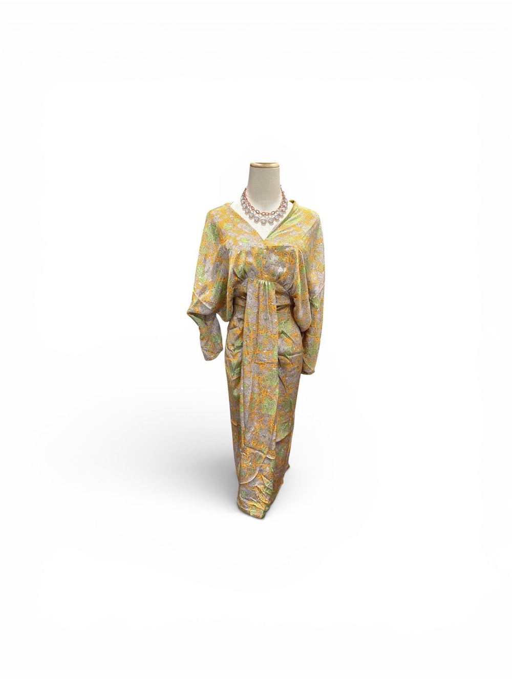 NWOT Size S/M Sissel Elegant Yellow Patterned Midi Dress with Tie Front